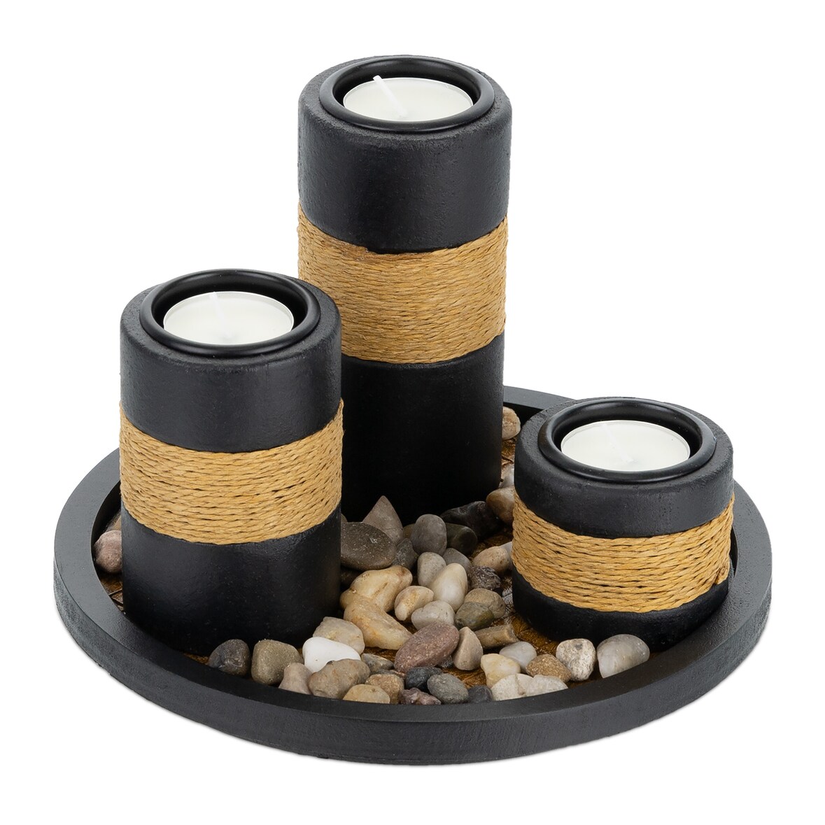 Relaxdays Teelichthalter Set mit Tablett & Steinen,  Ø 19,5 cm, Tischdeko Wohn- & Esszimmer, Kerzenhalter, schwarz/braun