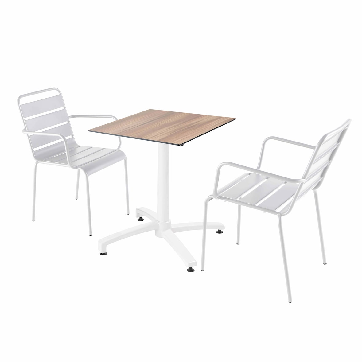 Set van donker eiken laminaat terrastafel en 2 witte fauteuils