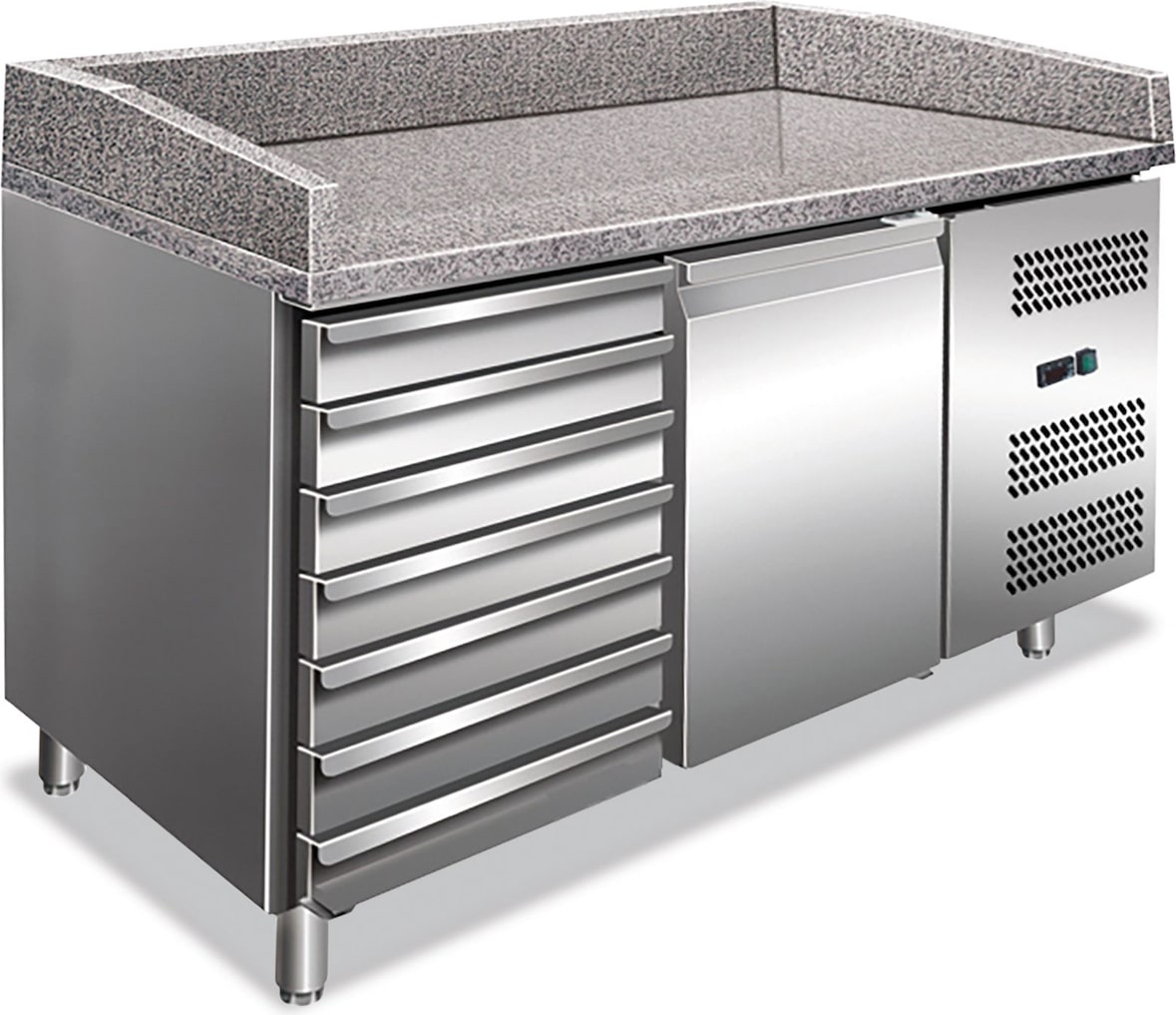 Pizzatheke mit 1 Tür und 7 Schubladen. Platte aus Granit. Temperatur +2°C/+8°C. Automatische Abtauung. Abmessungen LxBxH 151,5x80x100 cm. PZ1610TN