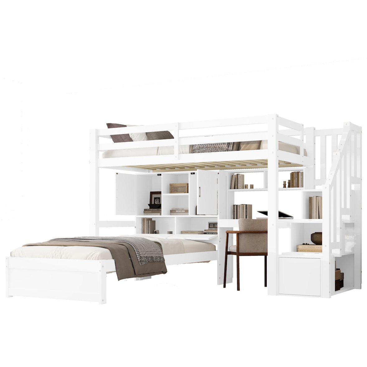 Hochbett 90x200 cm mit integriertem Schreibtisch und Treppe – Multifunktional, stabil und platzsparend in Weiß