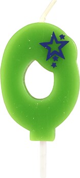 Eine grüne Kerze in Form einer Null mit Sternen.