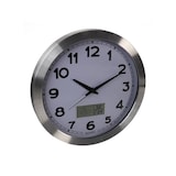 thumbnail of Horloge murale, rond, analogique, 35 cm, écran LCD avec thermomètre, hygromètre et provisions météo, aluminium, argent