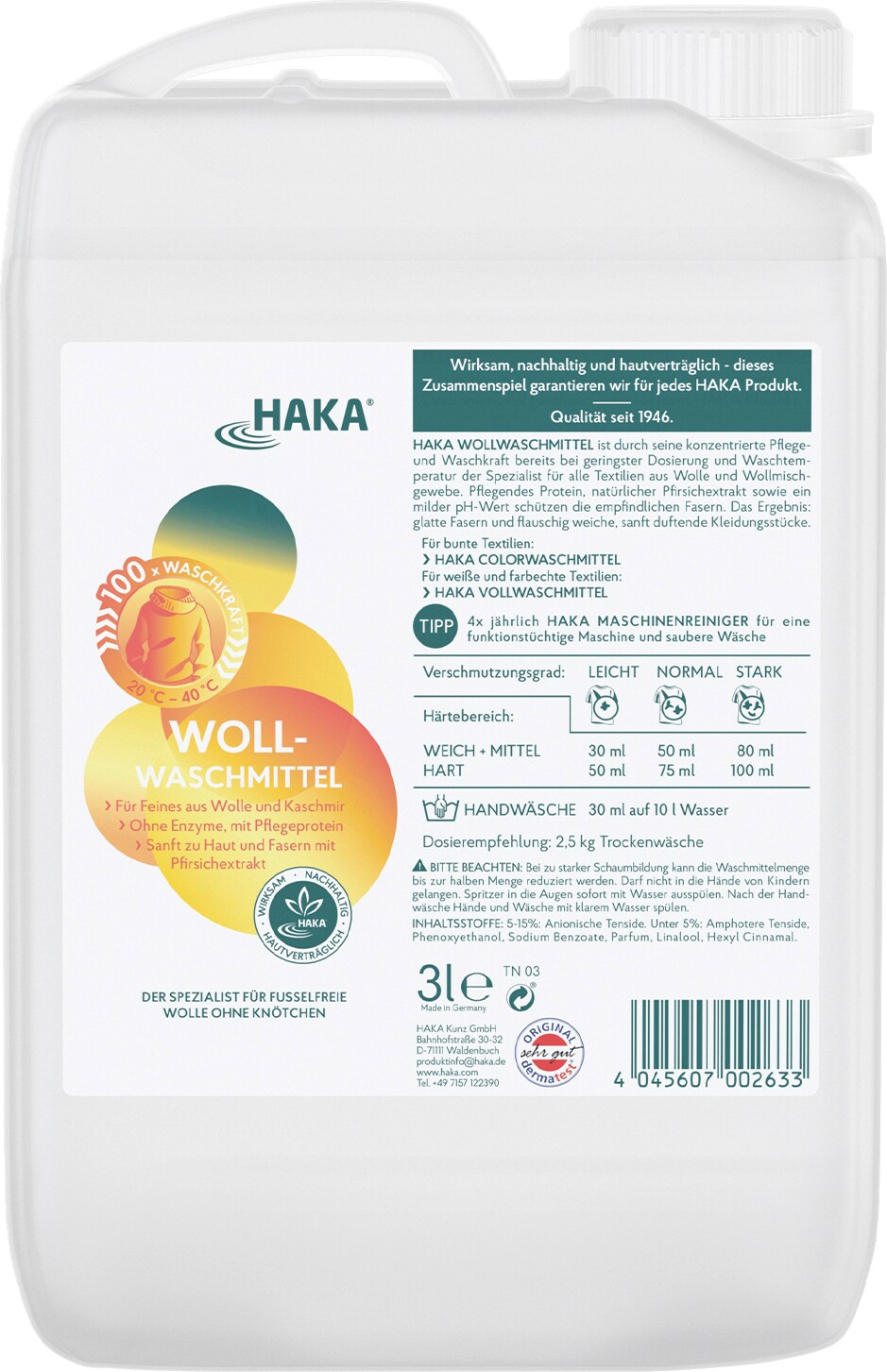 HAKA Wollwaschmittel 3l Flüssigwaschmittel Waschmittel Feinwaschmittel