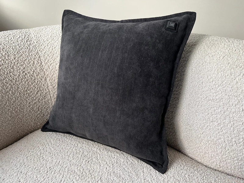 Ein dunkles Kissen auf einem Sofa.