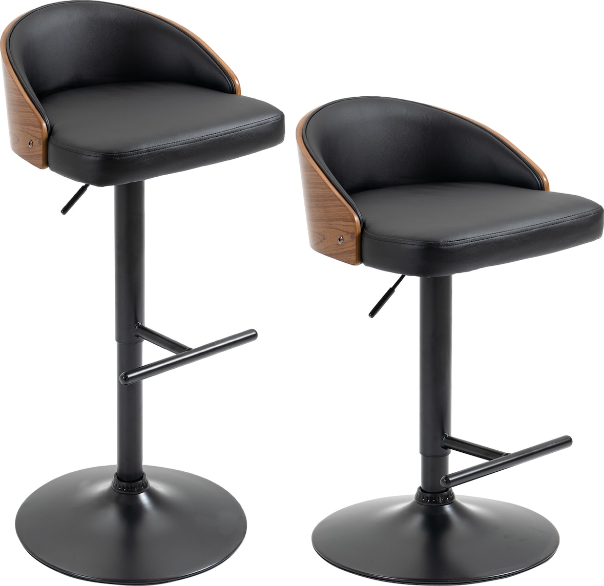 Barhocker 2er Set drehbar höhenverstellbar Schwarz 96x50x44 cm mit Fußstütze, gepolsterter Sitz, Stahlgestell, für Küche und Bar