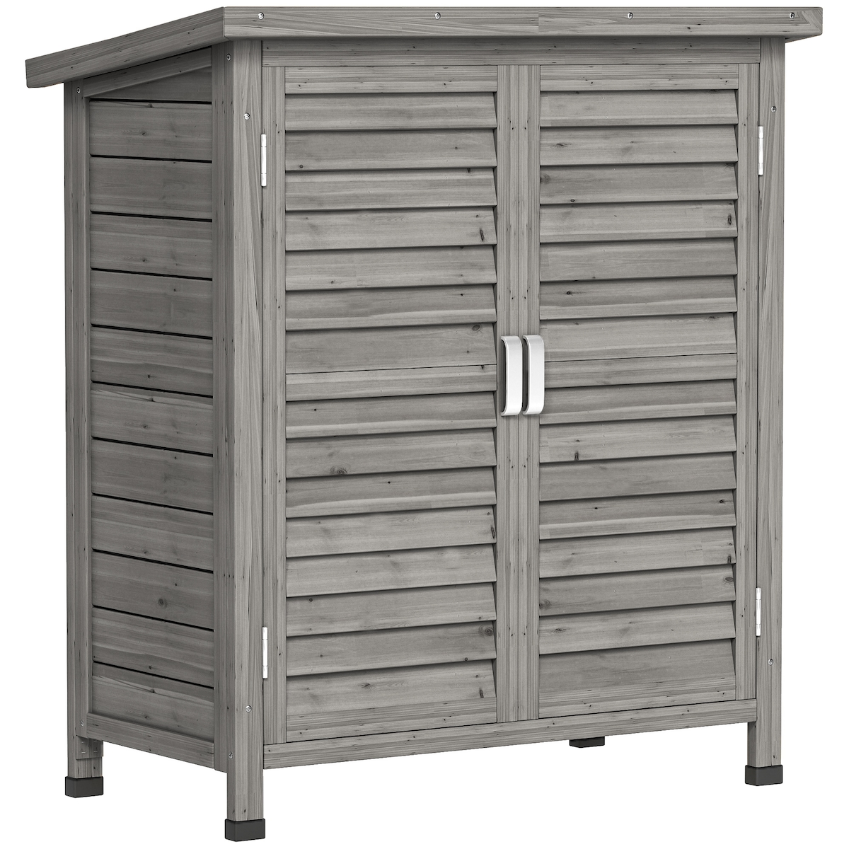 Outsunny Gartenhäuschen aus Holz mit 2 Einlegeböden, 2 Türen und Schrägdach für Terrasse und Garten, 87 x 46,5 x 96,5 cm, Grau