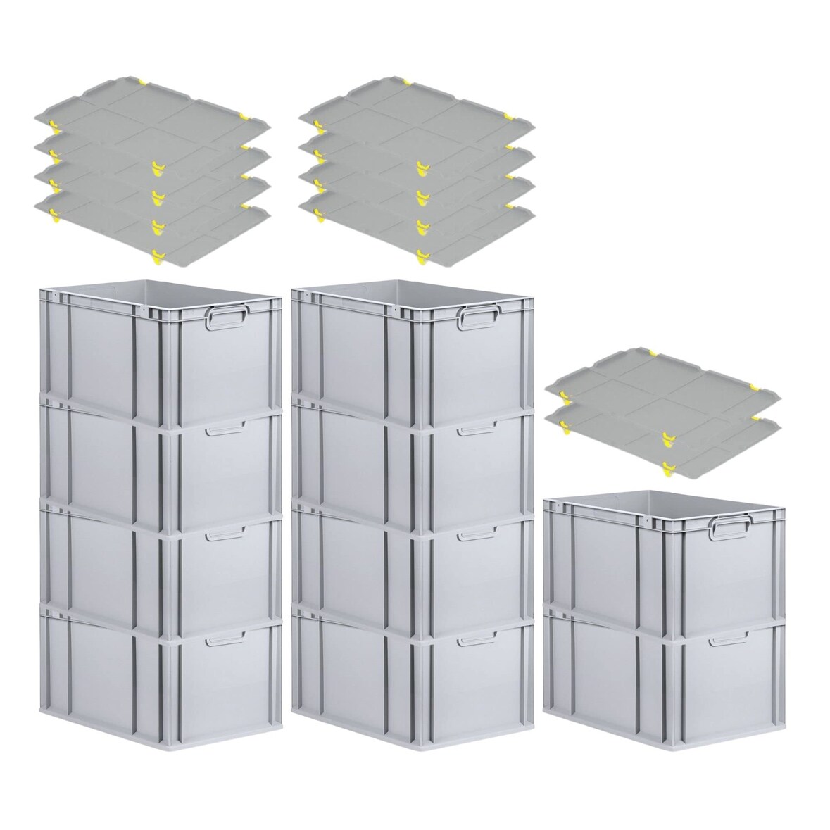 PROREGAL SparSet 10x Eurobox NextGen Economy mit Auflagedeckel & 4x Verschlüsse Gelb, Griffe zu, HxBxT 32x40x60cm, 65L, Eurobehälter, Box