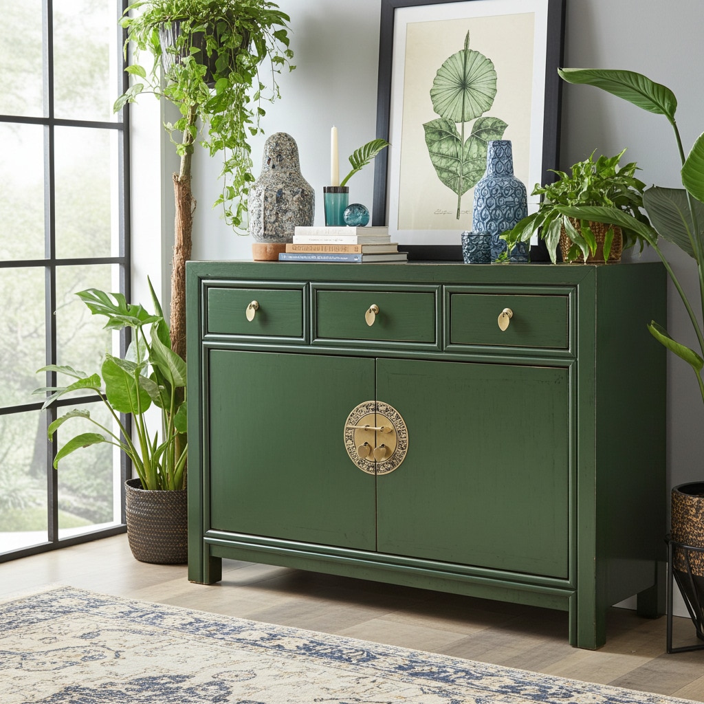 OPIUM OUTLET Asia Muebles Cómoda Aparador Armario nupcial 33083 verde cocodrilo Estilo rústico Asiático Chino Oriental. Completamente montado.