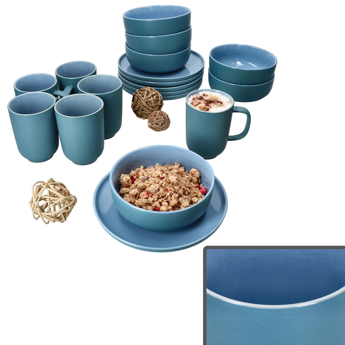 Ritzenhoff Jasper 18tlg Frühstücksset Ozeanblau Steingut Teller Becher Schale