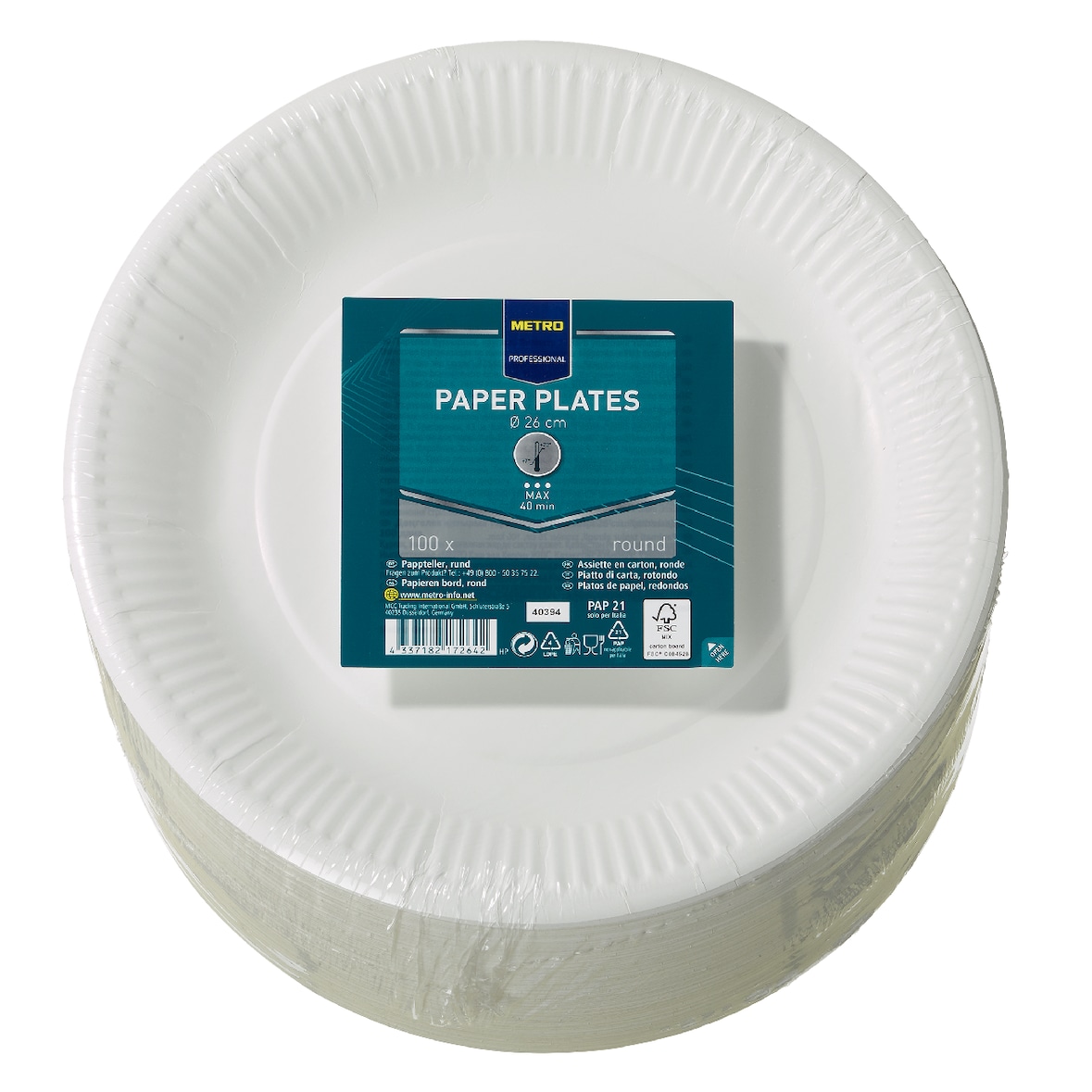 METRO PROFESSIONAL Piatti di carta monouso, Ø 26 cm, 100 pezzi