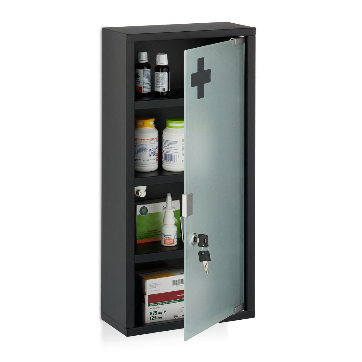 Relaxdays Medizinschrank, 4 Fächer, HxBxT: 57 x 27 x 12 cm, abschließbarer Medikamentenschrank, Stahl, Glastür, schwarz