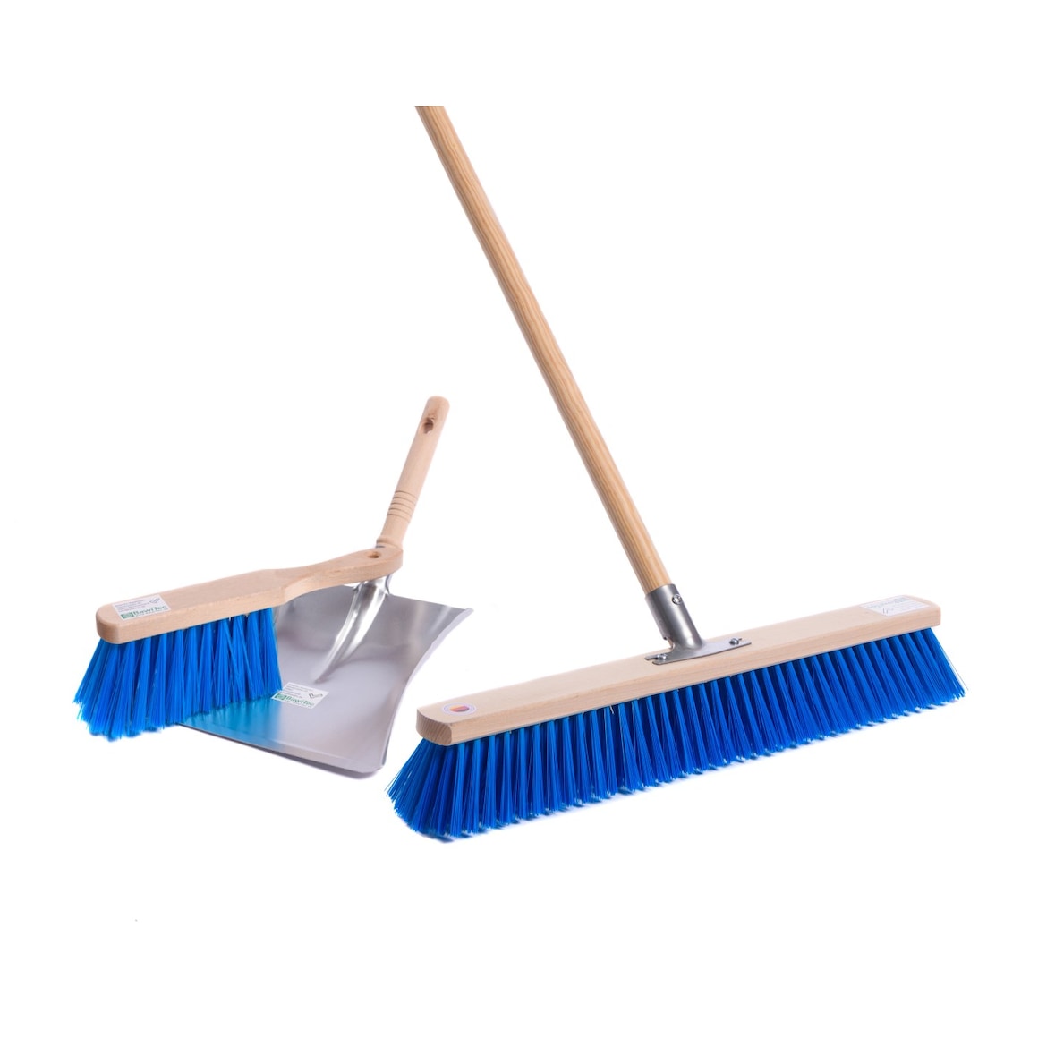 Blue-Star Besen Komplett SET 60 cm Breit mit blauen Borsten und stabilem Holzstiel Handfeger Kehrschaufel Stiel Straßenbesen