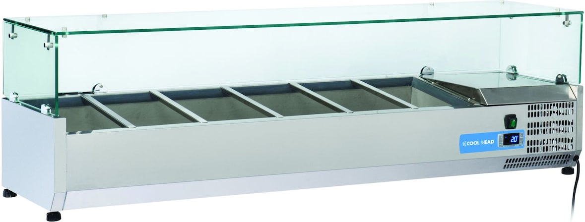 Edelstahl-Kühlvitrine für 5 GN1/3 + 1 GN1/2 Tabletts. Abmessungen 150x39.5x44h cm. Temperatur +2°C/+8°C. Kühlkopf VRX 15/38