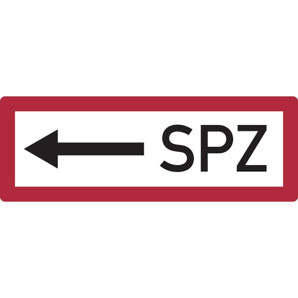 Feuerwehrschild, SPZ (Sprinklerzentrale) mit Pfeil nach links - DIN 4066 - 297x105 mm Folie selbstklebend