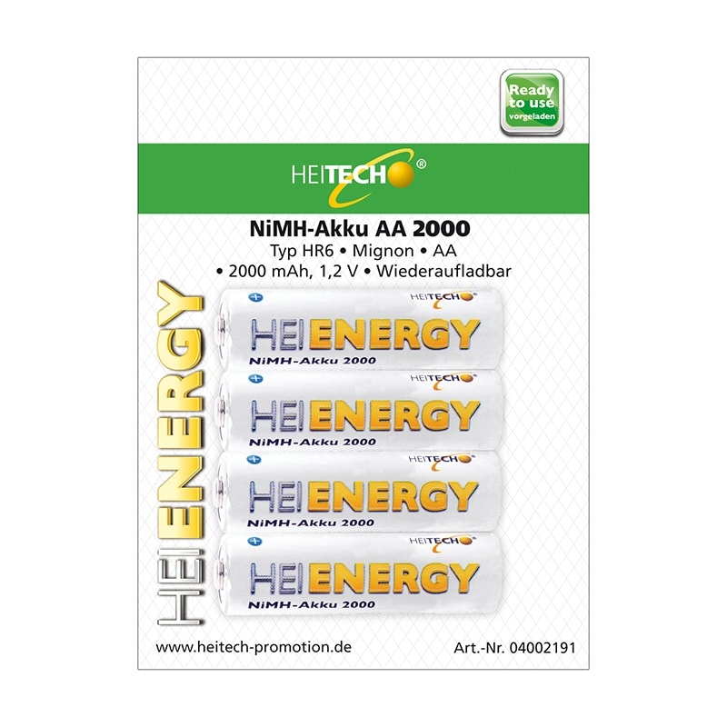 AA Mignon NiMH Akkus 4er Pack Batterien 2000 mAh wiederaufladbar Heitech