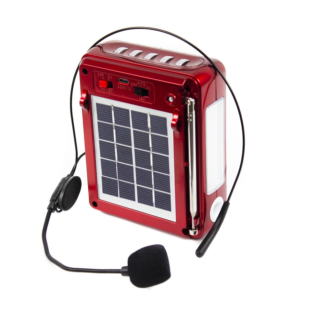 Micrófono megáfono con panel solar con amplificador de cabeza altavoz portátil (Rojo)
