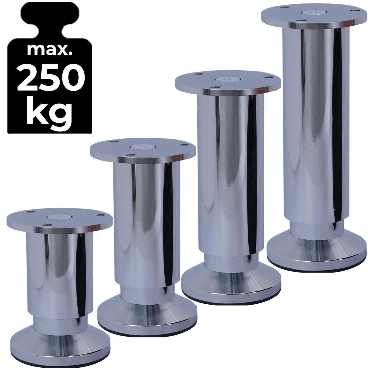 8 Möbelfüße Sofafuß Möbelbeine CHROM GLANZ Höhe 6 cm 38 mm belastbar bis 250 KG Sofa Bett Schrank