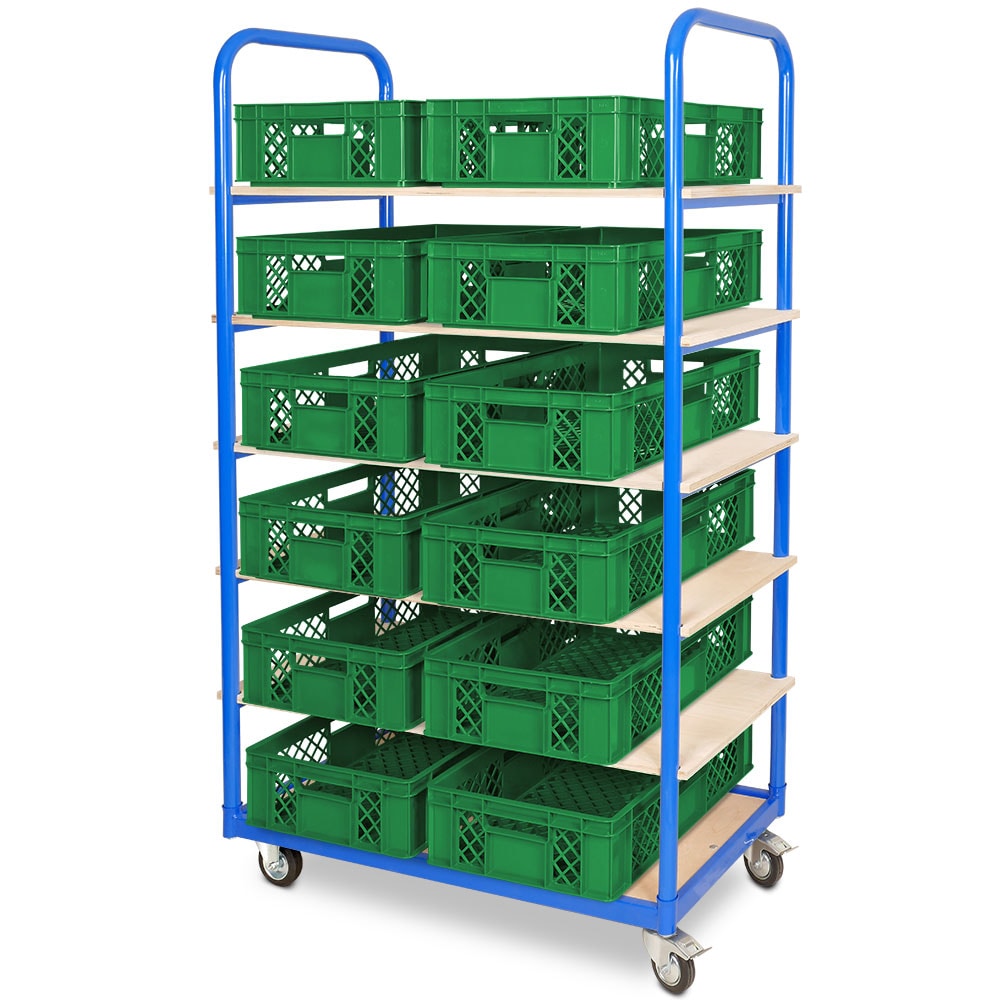Etagenwagen mit 6 Ebenen, BxTxH 1050x500x1690 mm, 2 Lenk- (mit Feststellbremse) u. 2 Bockrollen mit 12 Euroboxen BxTxH 600x400x150 mm