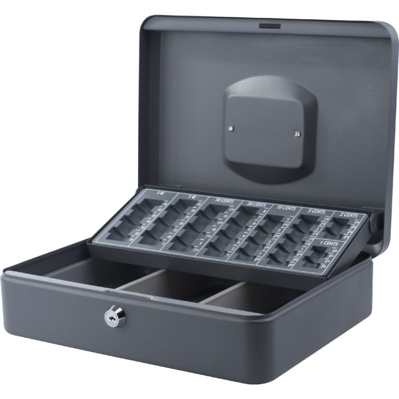 PAVO Caisse à monnaie+billet Europa acier,livrée avec 2 clés-L30xH9xP23 cm Gris foncé, 1poignée couvercle