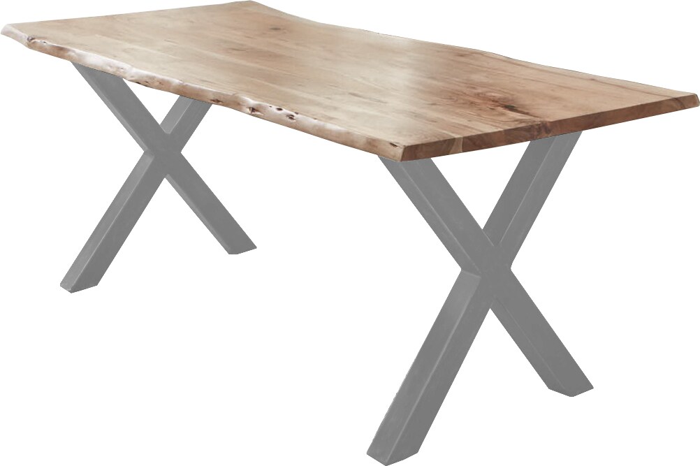 Esstisch Baumkante Akazie naturfarben 160 x 85 cm X-Gestell silber FREDERIK