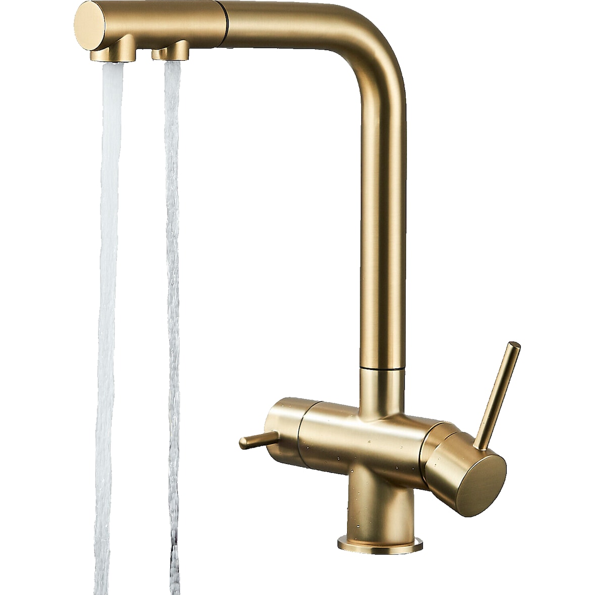 KLARWERK® Felix | ausziehbare 3-Wege Armatur Edelstahl Gold matt | Filter Trinkwasser Wasserhahn Küche | Osmose Mischbatterie L-Auslauf 3 Anschlüsse