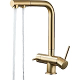 thumbnail of KLARWERK® Felix | ausziehbare 3-Wege Armatur Edelstahl Gold matt | Filter Trinkwasser Wasserhahn Küche | Osmose Mischbatterie L-Auslauf 3 Anschlüsse