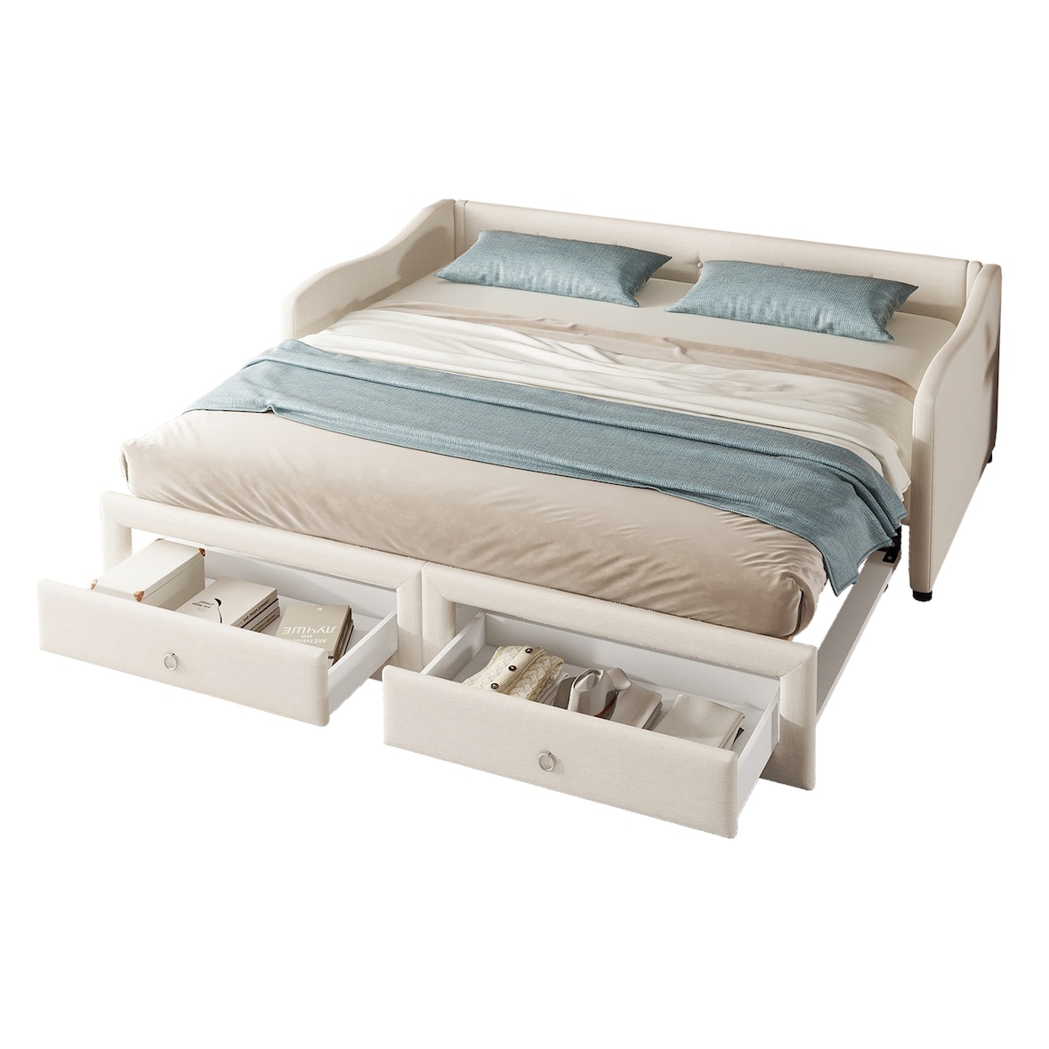 Merax Daybett, 90x200cm Tagesbett mit ausziehbarem Bett,Schlafsofa mit zwei Schubkästen, Einzelbett(Ohne Matratze), Leinen, beige