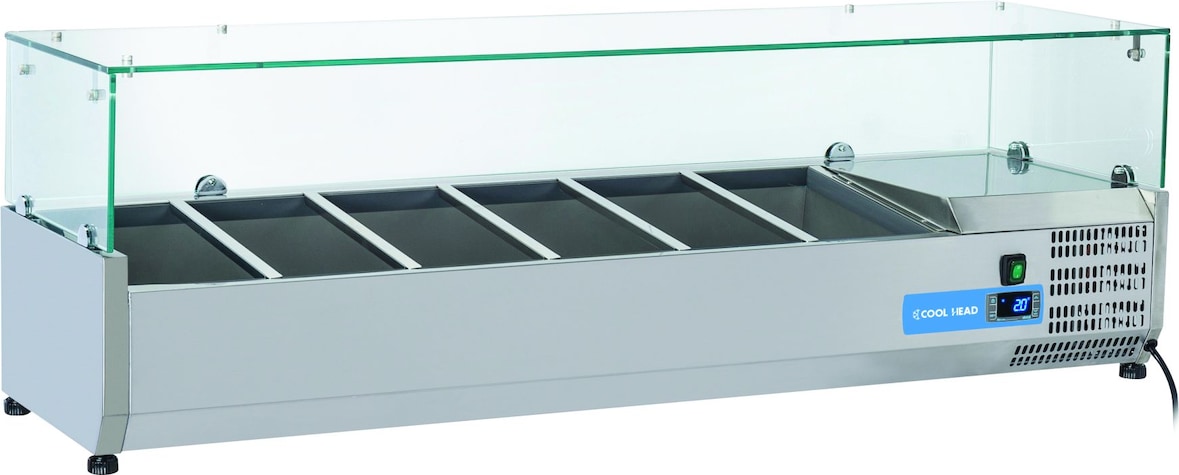 Edelstahl-Kühlvitrine für 6 GN1/3 Tabletts. Maße cm 140x39,5x44h. Temperatur +2°C/+8°C. Kühlkopf VRX 14/38
