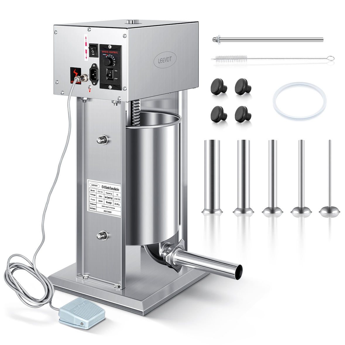 Leevot Insaccatrice Elettrica per Salsicce, 9 Velocità, 10L, Verticale, Acciaio Inossidabile con 4 Tubetti, Casa e Commerciale