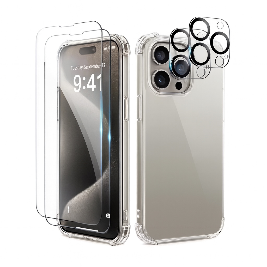 Premium 5-in-1 Schutzset für Apple iPhone 12 Pro – 2× Displayschutz, 2× Kameraschutz, 1× Hülle – Komplettschutz transparent