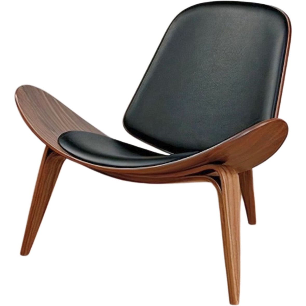 Shell Chair - Walnoot Hout - Zwart Leer - Stoel - Fauteuil - Loungestoel - Smile Chair