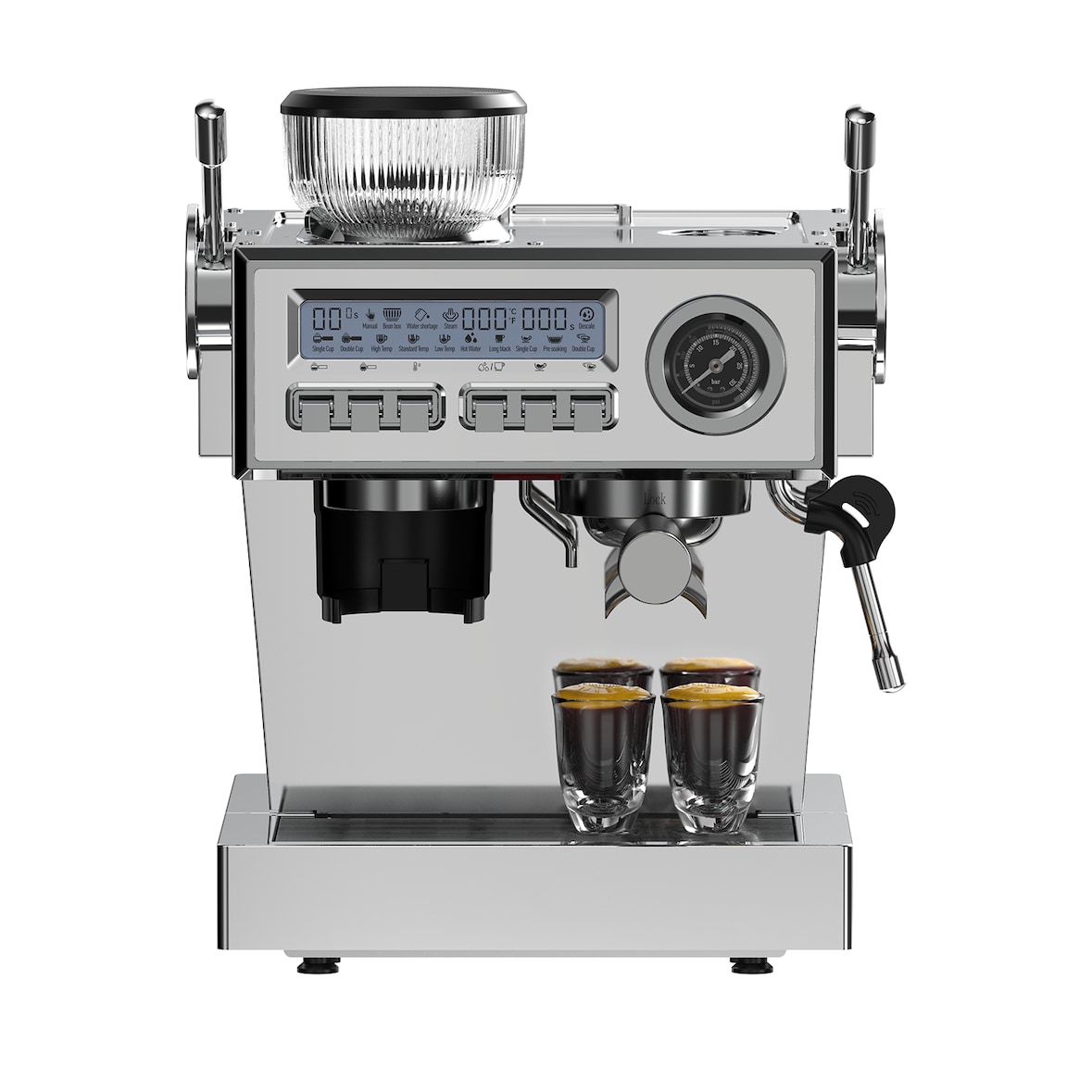 Espressomaschine mit Mahlwerk und Manometer, halbautomatisch, 20 Bar, Edelstahlgehäuse, 51 mm Filter, Milchschaumdüse, Tassenwärmer, Touch-Bedienung