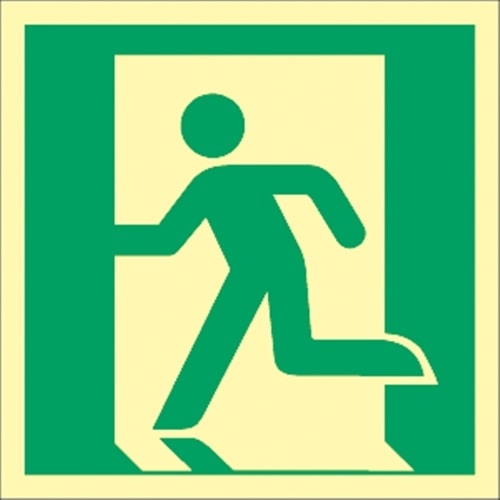 Schild Notausgang links, ISO 7010, Kunststoff, langnachleuchtend, 160-mcd, 148x148 mm
