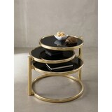 thumbnail of Runder Glastisch: Schwenkbare Glasplatten, Stahlgestell, 58-139 cm breit, Ø 38-47 cm, spiegelnde schwarze Glasplatten. Gold | Kadima Design