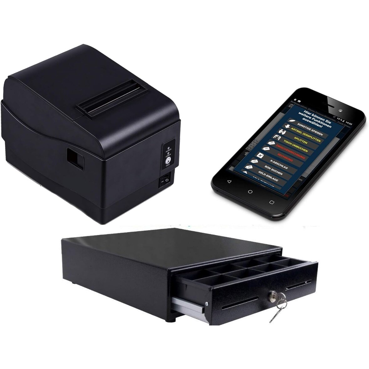 Handy MINI-Kasse für Einzelhandel: 5" Kassenterminal, Bondrucker, Kassenlade