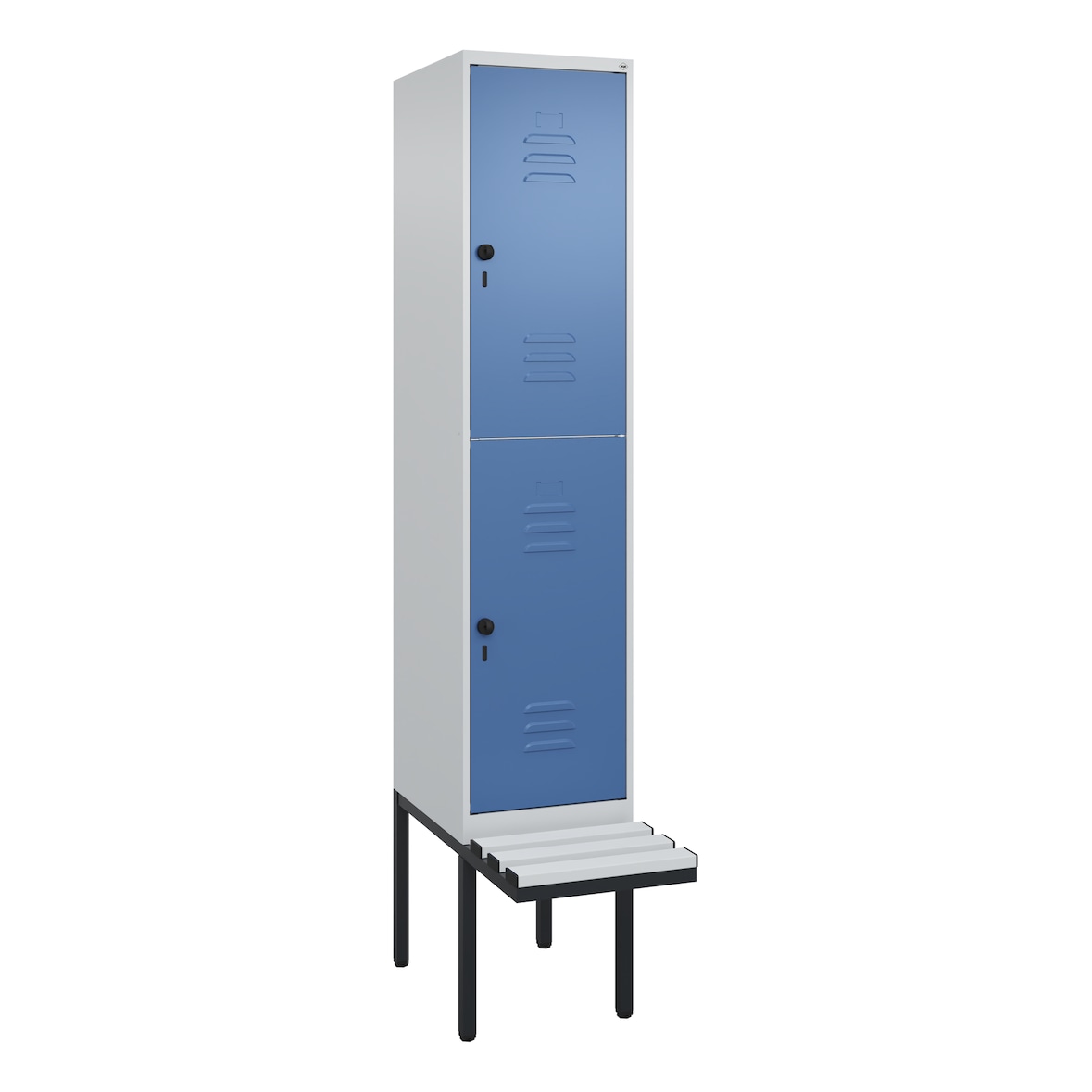 C+P Spind Classic PLUS, Kunststoff schwebende Sitzbank, 2 Abteile, HxBxT 212x40x82cm, Sicherheitsdrehriegel, Hellgrau/Fernblau von PROREGAL