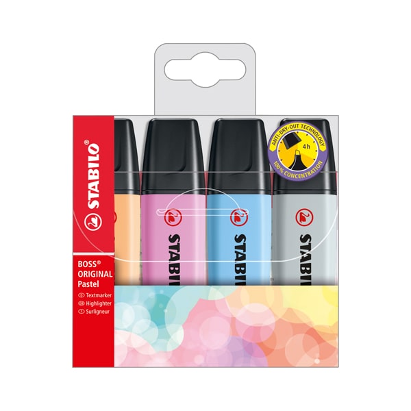 Marcador - STABILO BOSS ORIGINAL Pastel - pack de 4 - laranja suave, azul celeste, fúcsia fresco, cinzento seda
