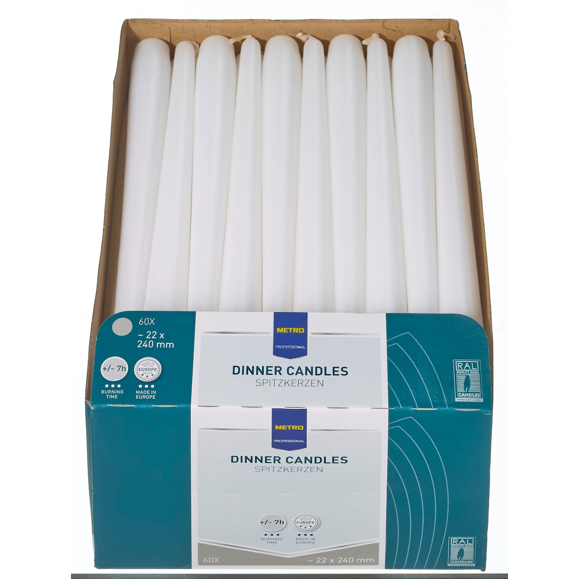 METRO Professional Bougies longues, paraffine, Ø 2.2 x 24 cm, durée d'éclairage de 7 heures, blanc, 60 pièces
