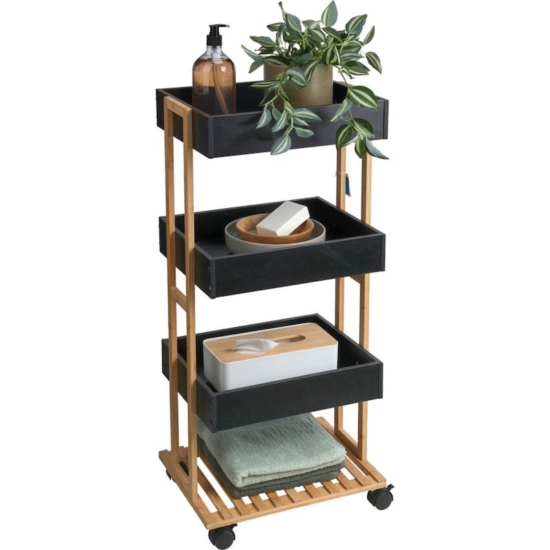WellHome - Bambus-Aufbewahrungswagen mit 1 Regal und 3 Tabletts in Schwarz  40x30x87,5cm | METRO
