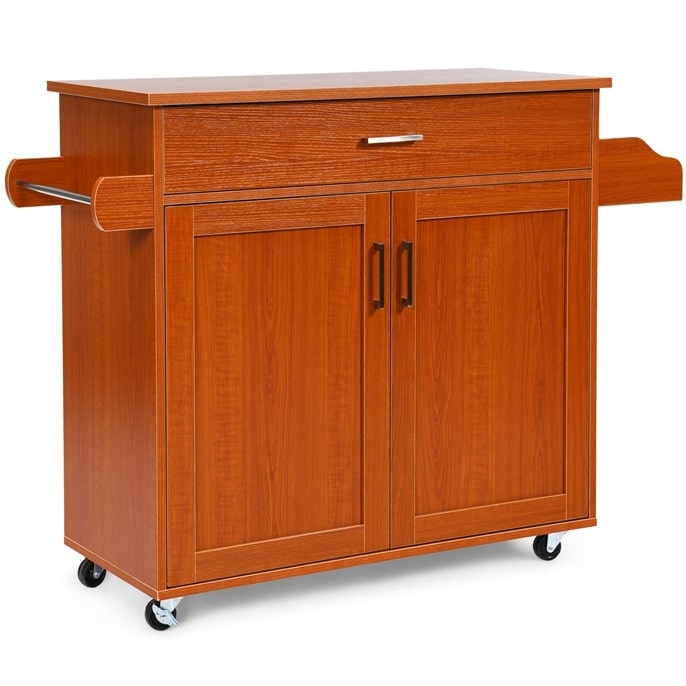 COSTWAY Keukenwagen met handdoekhouder en kruidenplank, keukeneiland met lade en hoogteverstelbare plank