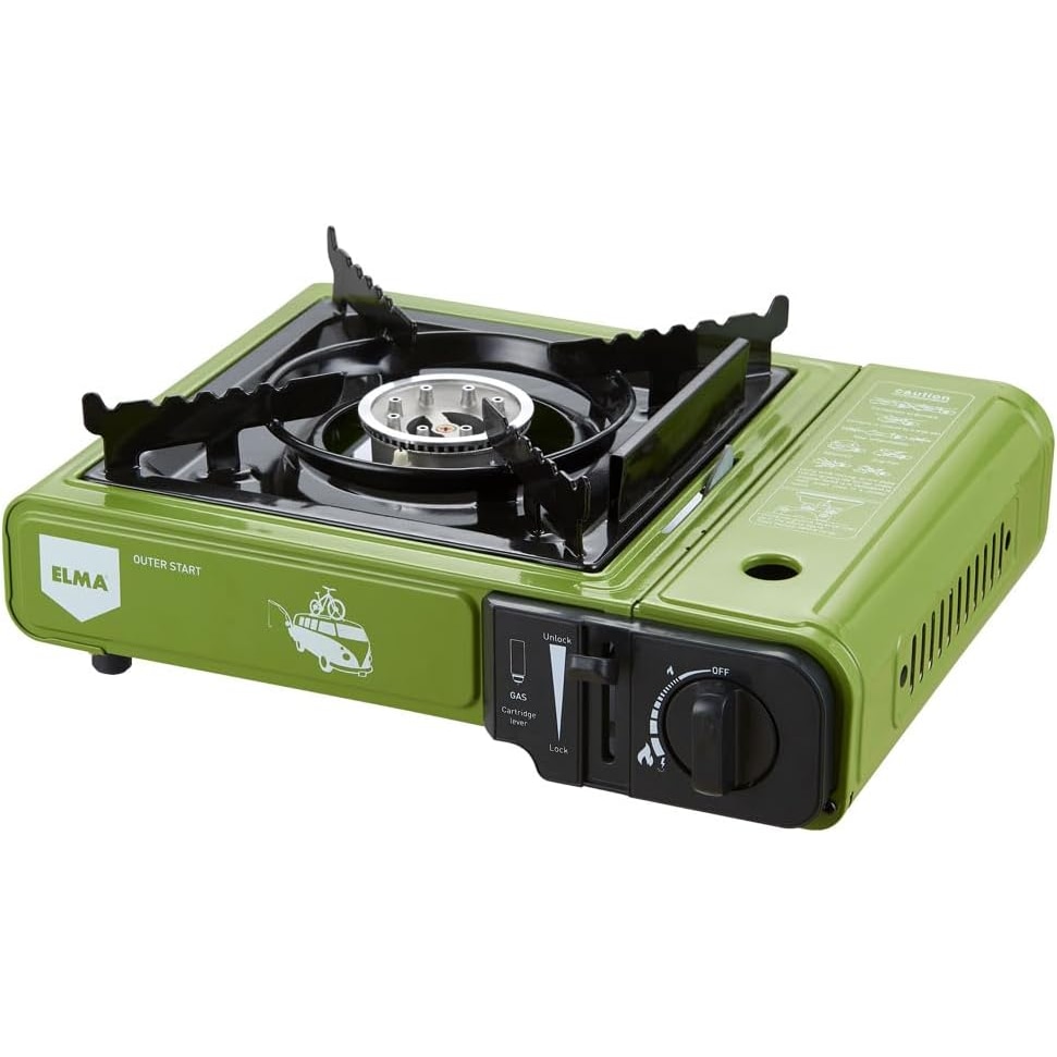 ELMA Hornillo Camping Gas Dual Outer Start Portátil, Incluye Maletín, Regulador Llama Variable, 34x28x11 cm, 2,3 kW, Verde.