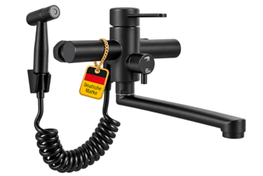 KLARWERK® Max | Horeca Kraan Wandmontage Zwart | RVS Keukenkraan met Handdouche | Mengkraan 2 Douchekoppen Platte Uitloop Horeca Premium