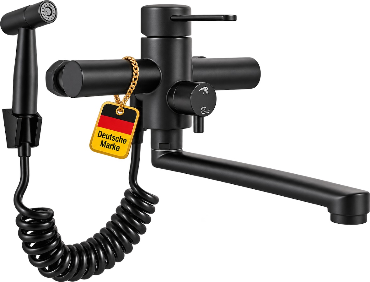 KLARWERK® Max | Horeca Kraan Wandmontage Zwart | RVS Keukenkraan met Handdouche | Mengkraan 2 Douchekoppen Platte Uitloop Horeca Premium