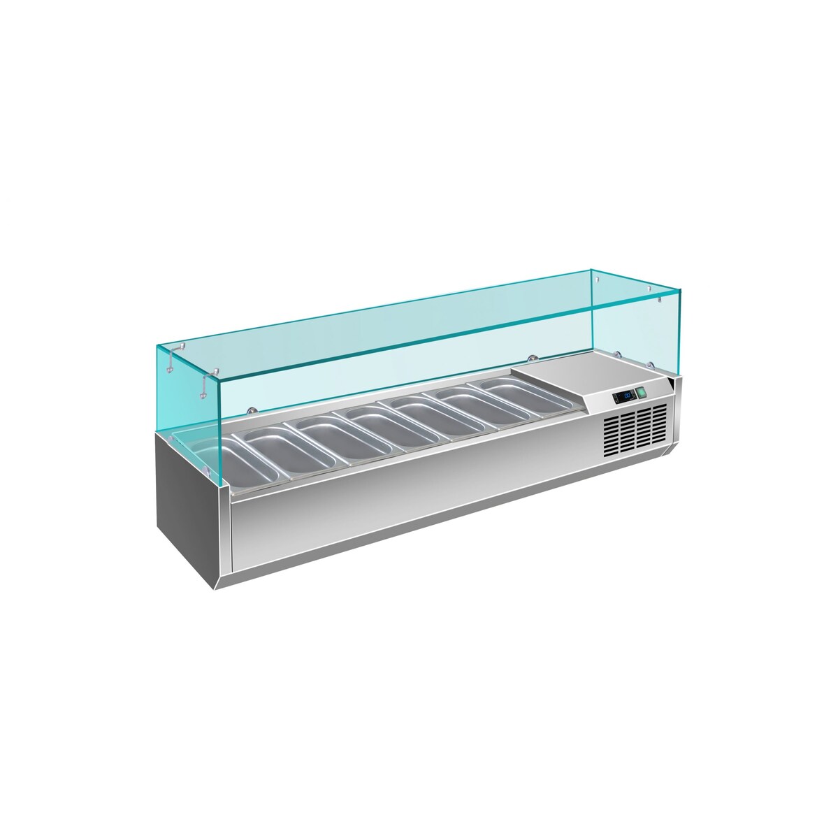 Gastro Edelstahl Kühlaufsatz Aufsatzkühlvitrine Pizzakühlaufsatz 7 x 1/4 GN mit Glasaufsatz 1600mm breit