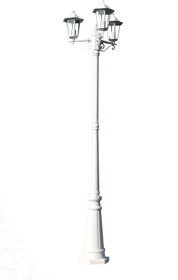 Un poste de luz blanco con tres luces.