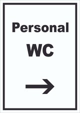 thumbnail of Personal WC Schild mit Text und Richtungspfeil rechts hochkant A5 Rückseite selbstklebend