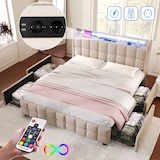 thumbnail of Merax LED Stauraumbett Polsterbett 180x200 Doppelbett aus Leinen mit 4 Schubladen & 2 Steckdosen & 2 USB & Lattenrost Beige