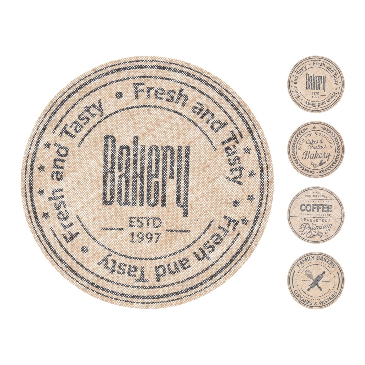 4 Tischsets rund 38cm Jute Platzsets mit bedrucktem Bäckerei Motiv Platzdeckchen Tellerunterlage Tischuntersetzer Set Küche Gastronomie Beige Schwarz