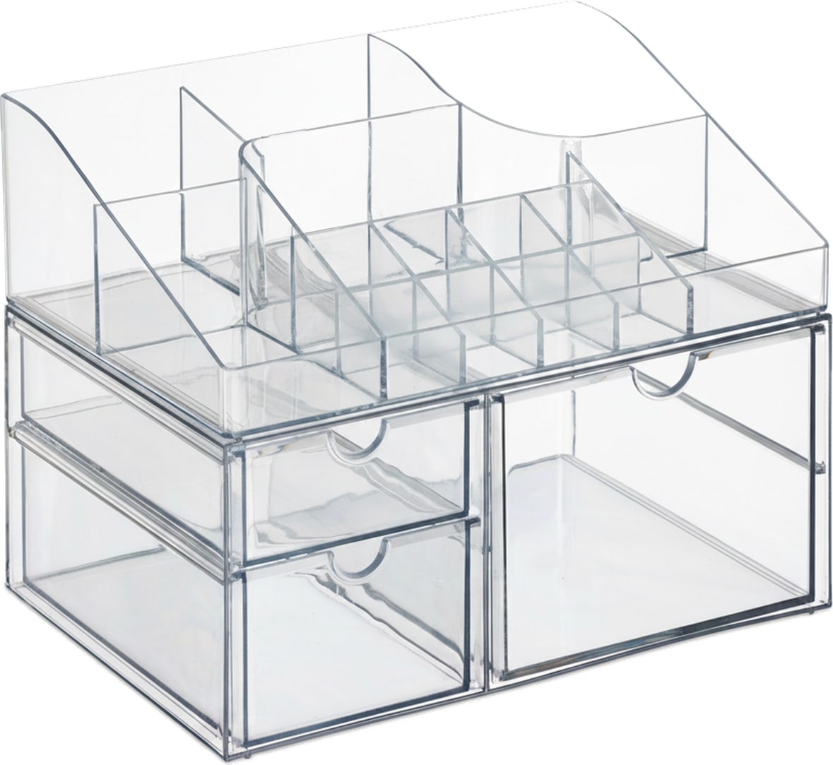Relaxdays Make Up Organizer, 14 Fächer & 3 Schubladen, Nagellack, Lippenstfit, Kunststoff, Schminkorganizer, transparent