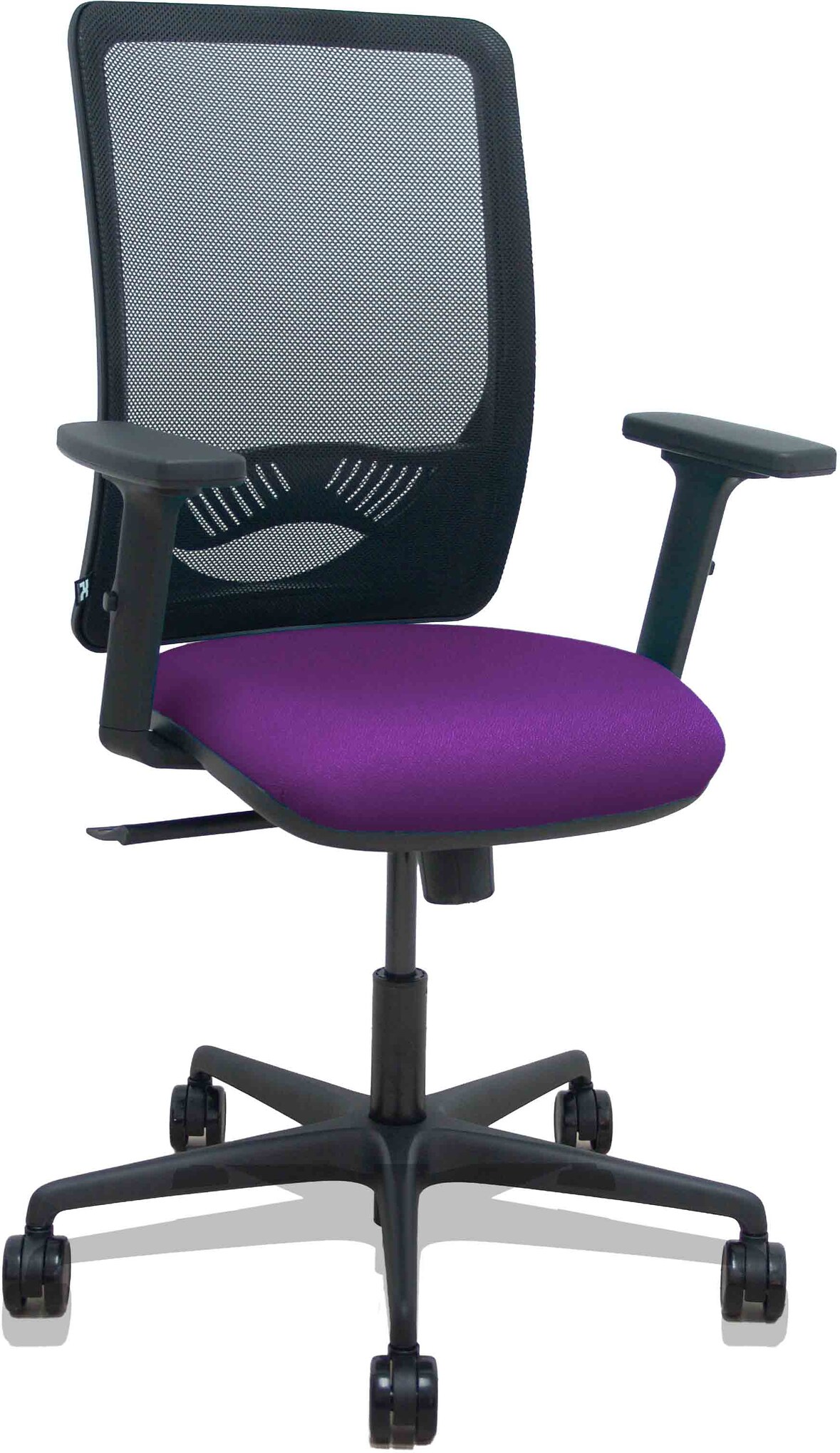 Silla Zulema sincro malla negra asiento bali morado brazos 2D ruedas 65mm